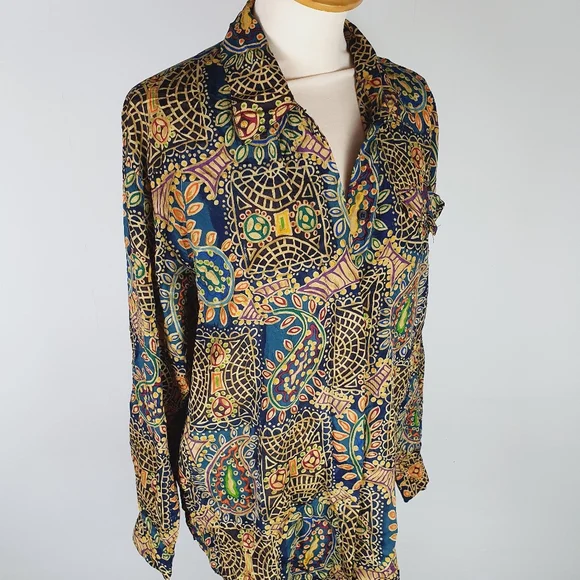 Vintage retro funky print long sleeve shirt top M L - Picture 6 of 9